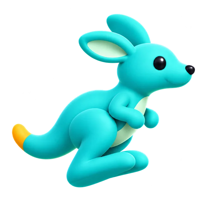 Roo, a cheerful teal kangaroo, mid-hop.