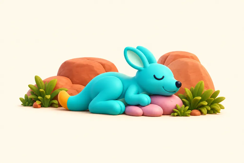 Roo sleeping peacefully on pink pebbles, nestled beside warm rocks and plants.