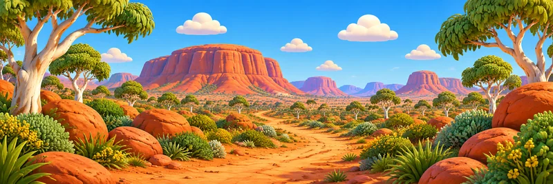 Sunlit red mesas and eucalyptus trees framing a trail through the Australian Outback.