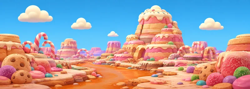 Pink icing, cookie cliffs and candy canes along a caramel river.