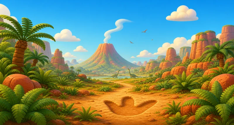 A dinosaur footprint on a jungle trail, with dinosaurs and a distant volcano.