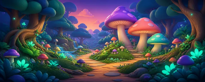 Glowing mushrooms beside a winding path and stream in a lush twilight forest.