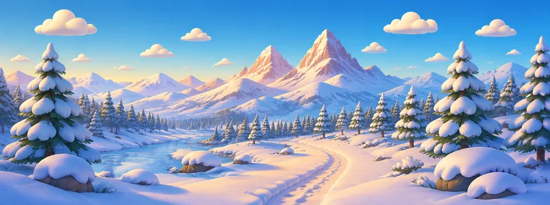 A winding trail through snowy pine trees and sunlit mountain peaks.